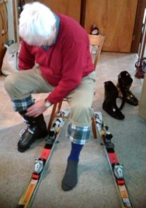 Duffy checking the boot fit on his race skis.